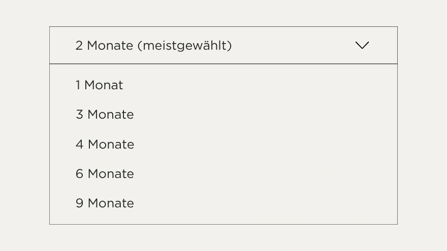 Geöffnetes Auswahlmenü für den Lieferrhythmus mit Intervallen von einem bis neun Monaten; zwei Monate sind als meistgewählte Option ausgewählt.