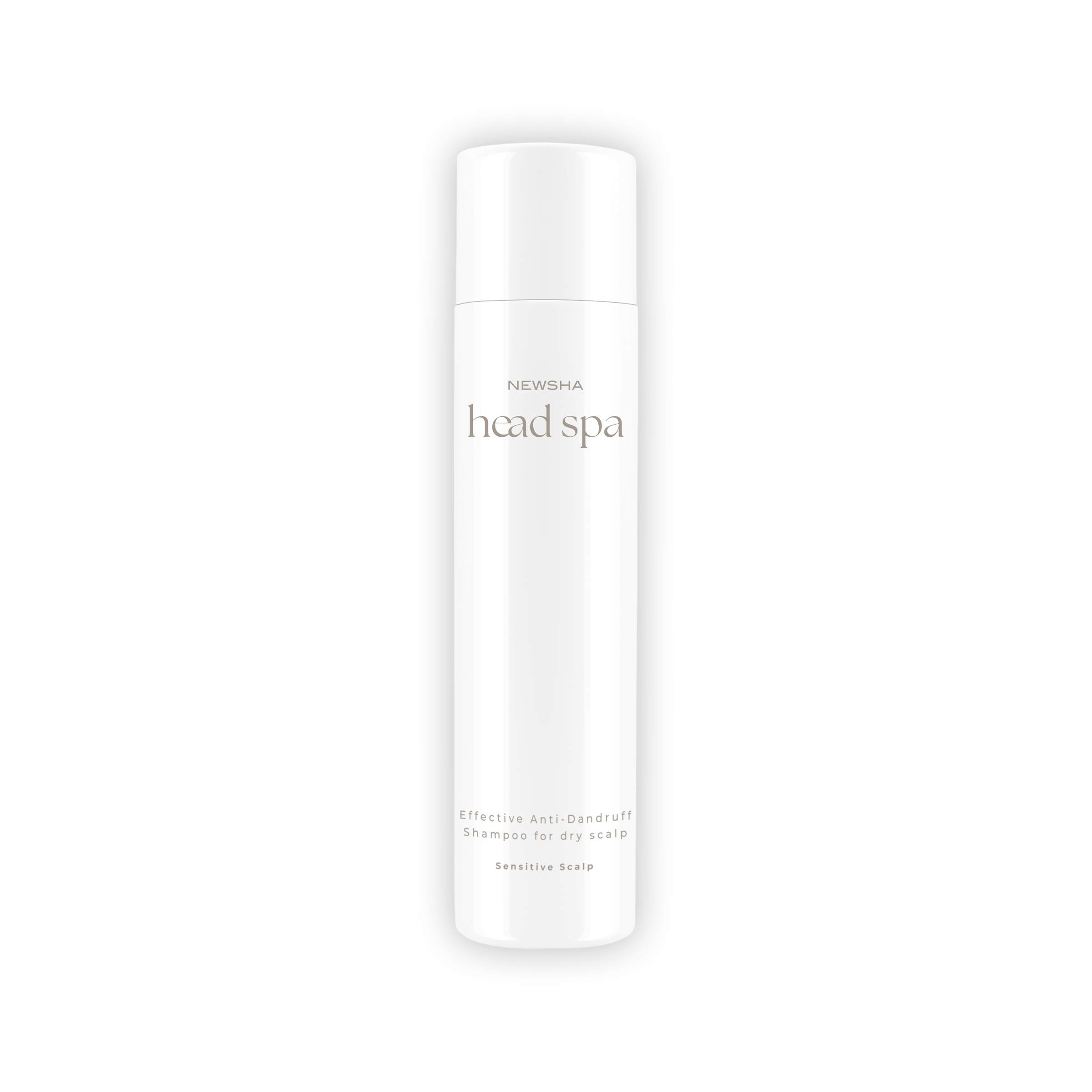 NEWSHA Head Spa Effective Anti-Dandruff Shampoo für trockene und sensible Kopfhaut in weißer Flasche auf hellem Hintergrund.