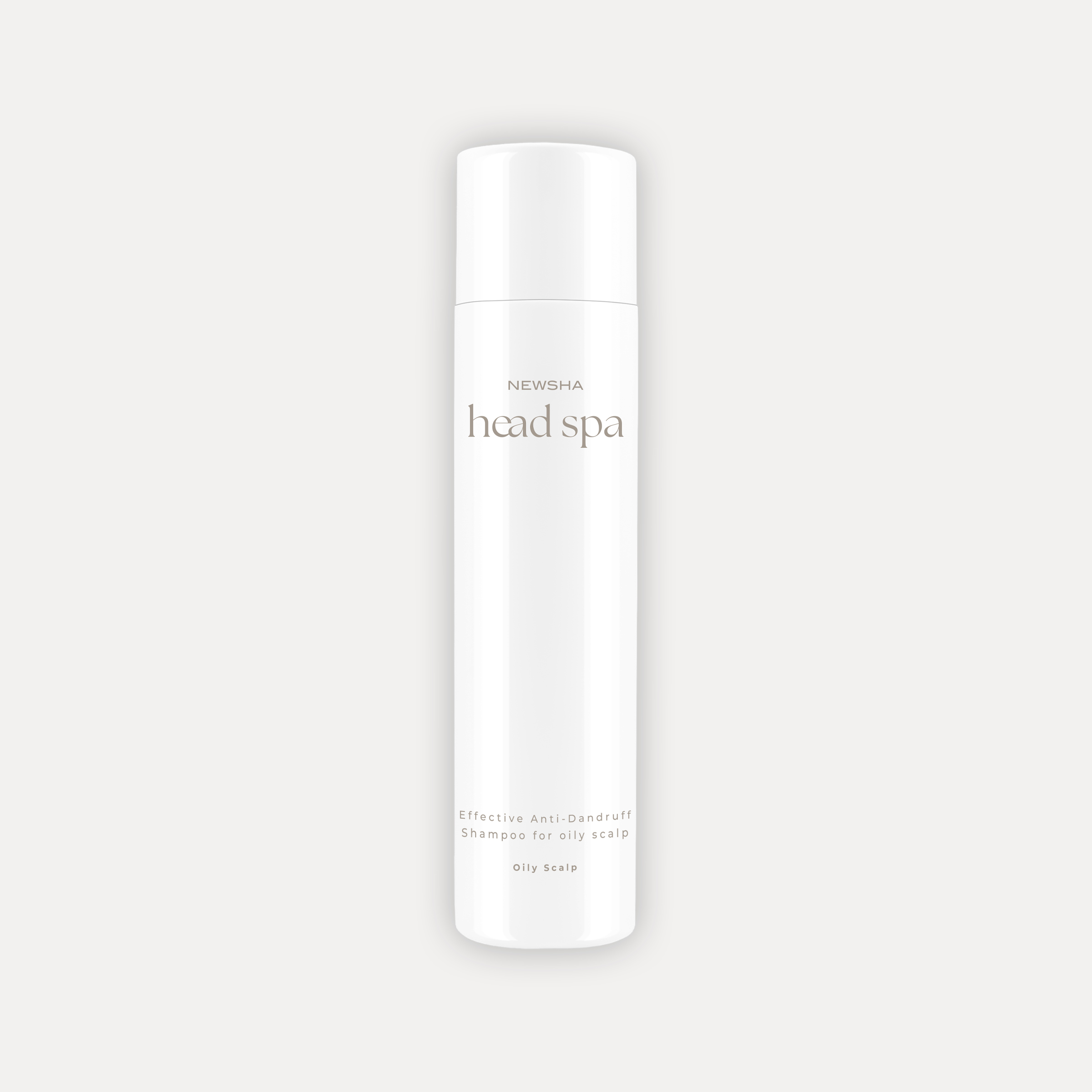 NEWSHA Head Spa Effective Anti-Dandruff Shampoo für fettige Kopfhaut in weißer Flasche auf hellem Hintergrund.