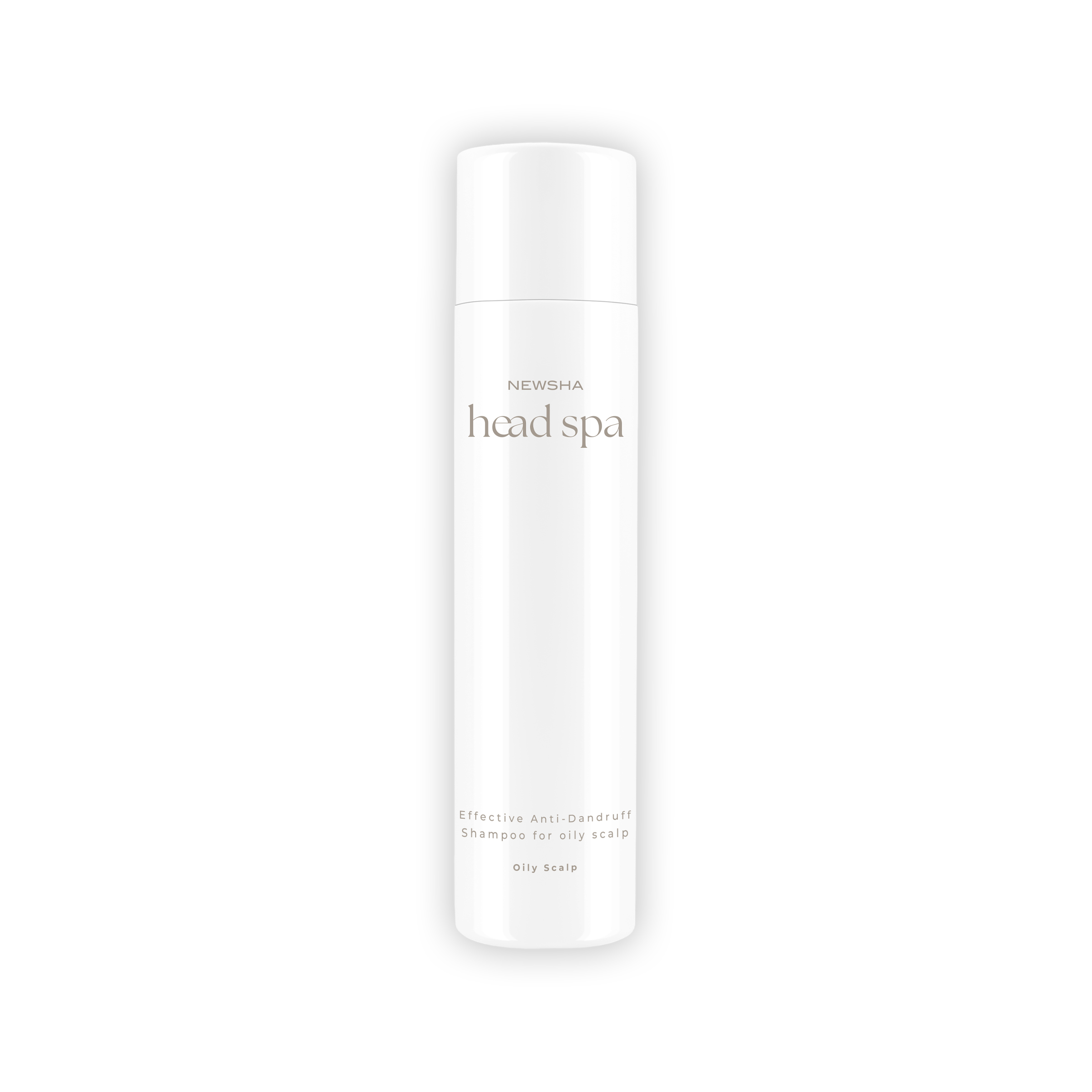 NEWSHA Head Spa Effective Anti-Dandruff Shampoo für fettige Kopfhaut in weißer Flasche auf hellem Hintergrund.