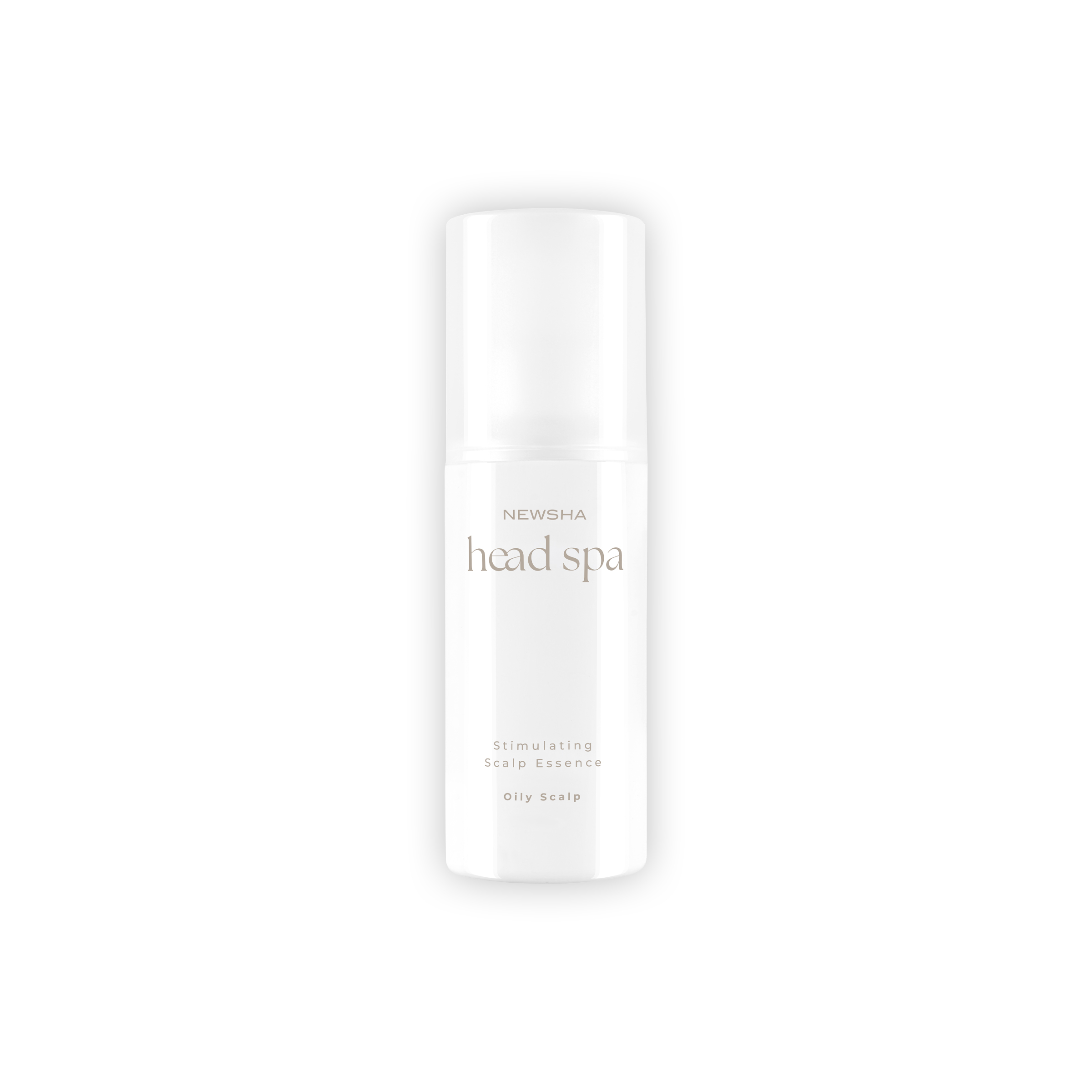 NEWSHA Head Spa Stimulating Scalp Essence für fettige Kopfhaut in weißer Flasche auf hellem Hintergrund.