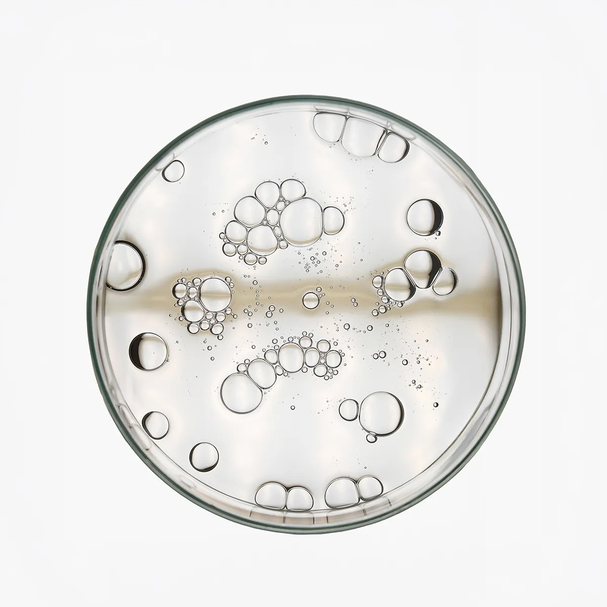 Transparente Pre-Wash-Liquid-Textur mit unterschiedlich großen Bläschen in einer Petrischale.