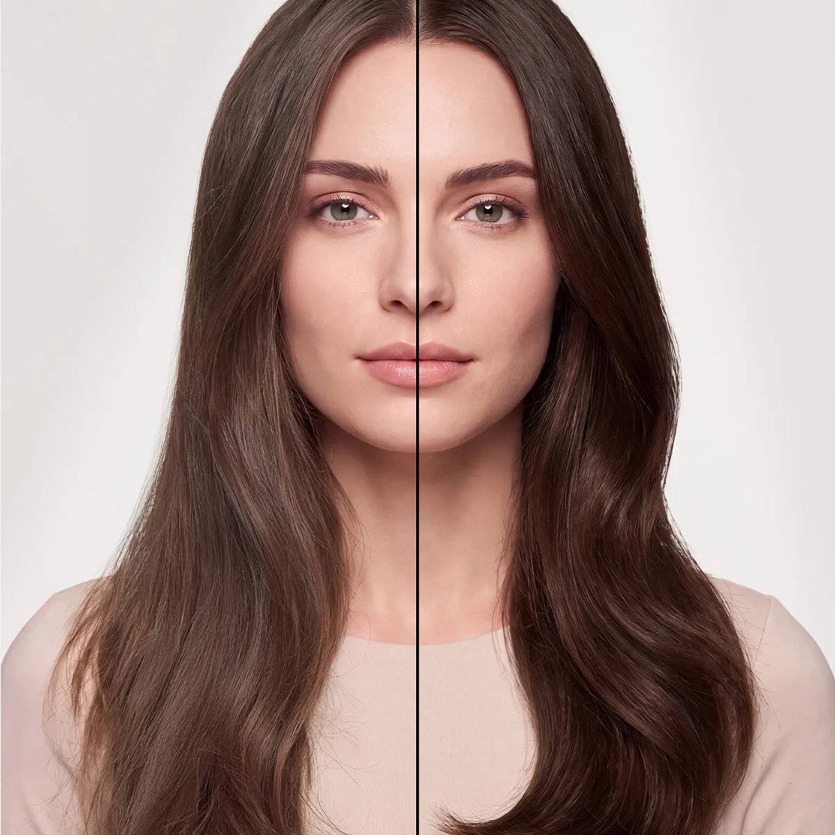 Nahaufnahme einer Frau mit langem, glattem braunem Haar vor hellem Hintergrund. Eine senkrechte schwarze Linie teilt das Gesicht in zwei Hälften und stellt unterschiedliche Haarlooks gegenüber.