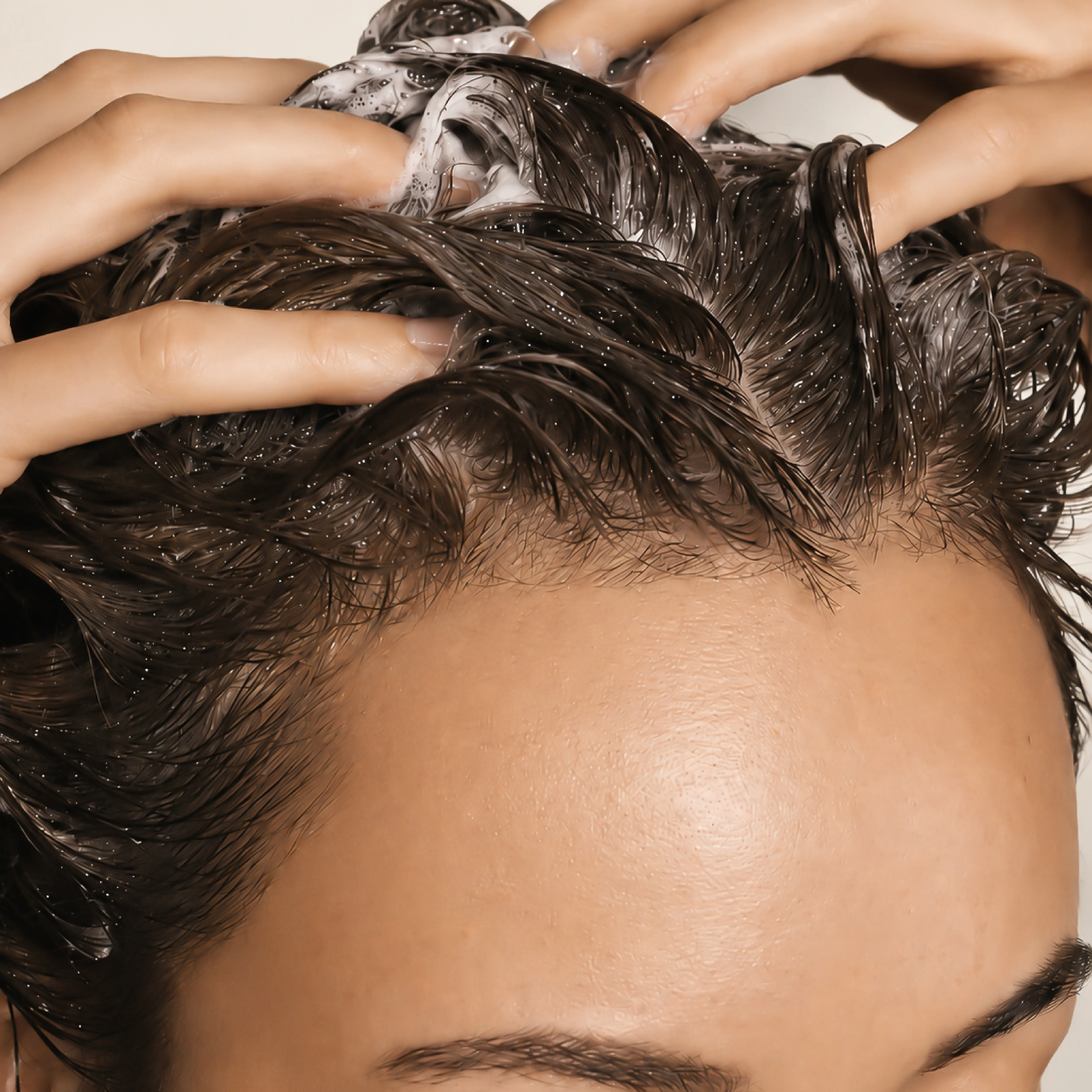 H&auml;nde massieren Shampoo mit Schaum sanft in die Kopfhaut ein.