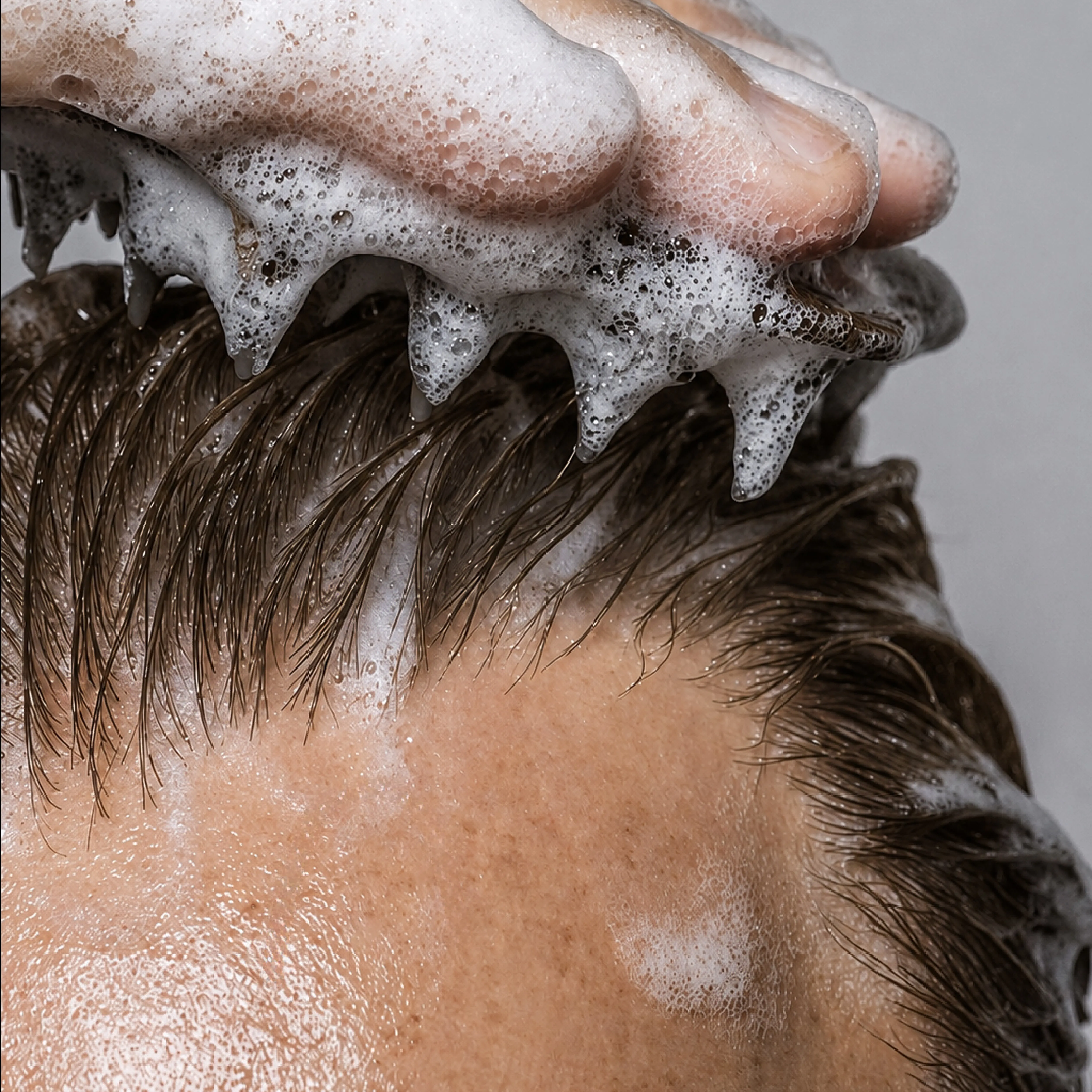 Nahaufnahme einer intensiven Kopfhautreinigung mit reichhaltigem Shampoo-Schaum.