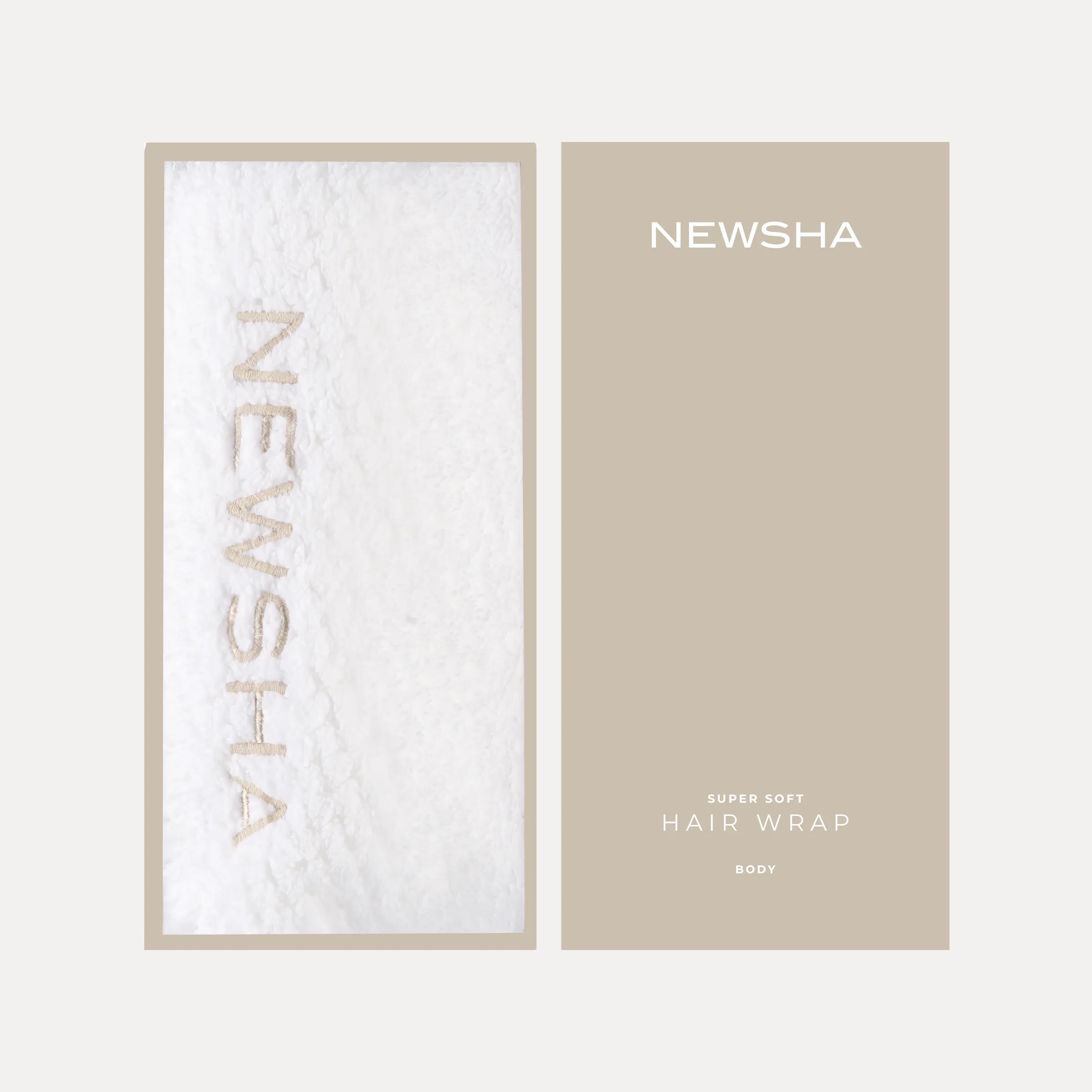 Wei&szlig;er NEWSHA Super Soft Hair Wrap gefaltet in eleganter Verpackung neben passender Produktbox vor hellem Hintergrund.
