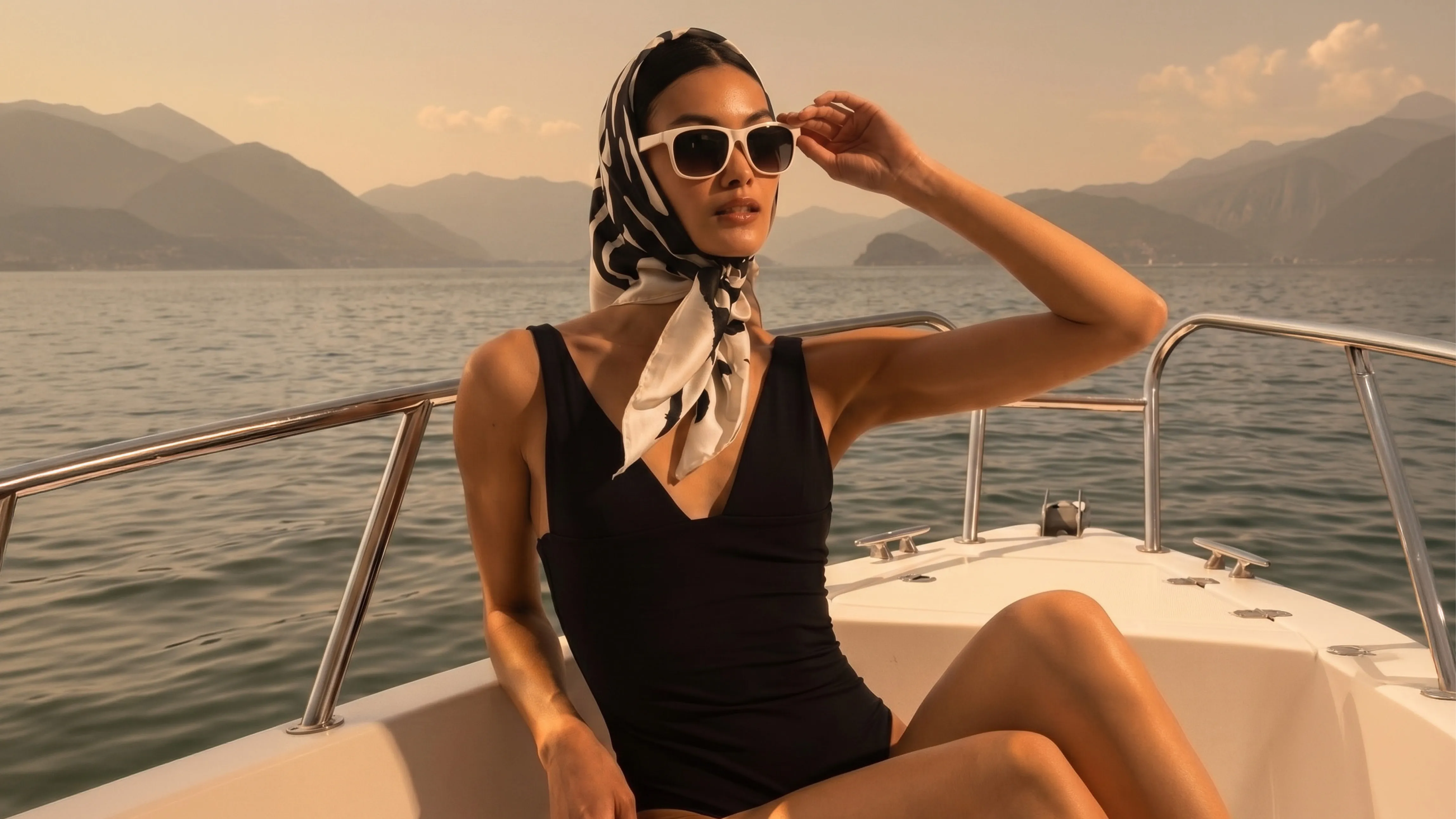 Elegantes Model im schwarzen Badeanzug mit Sonnenbrille und Kopftuch auf einer Yacht vor einer Bergkulisse im warmen Abendlicht.