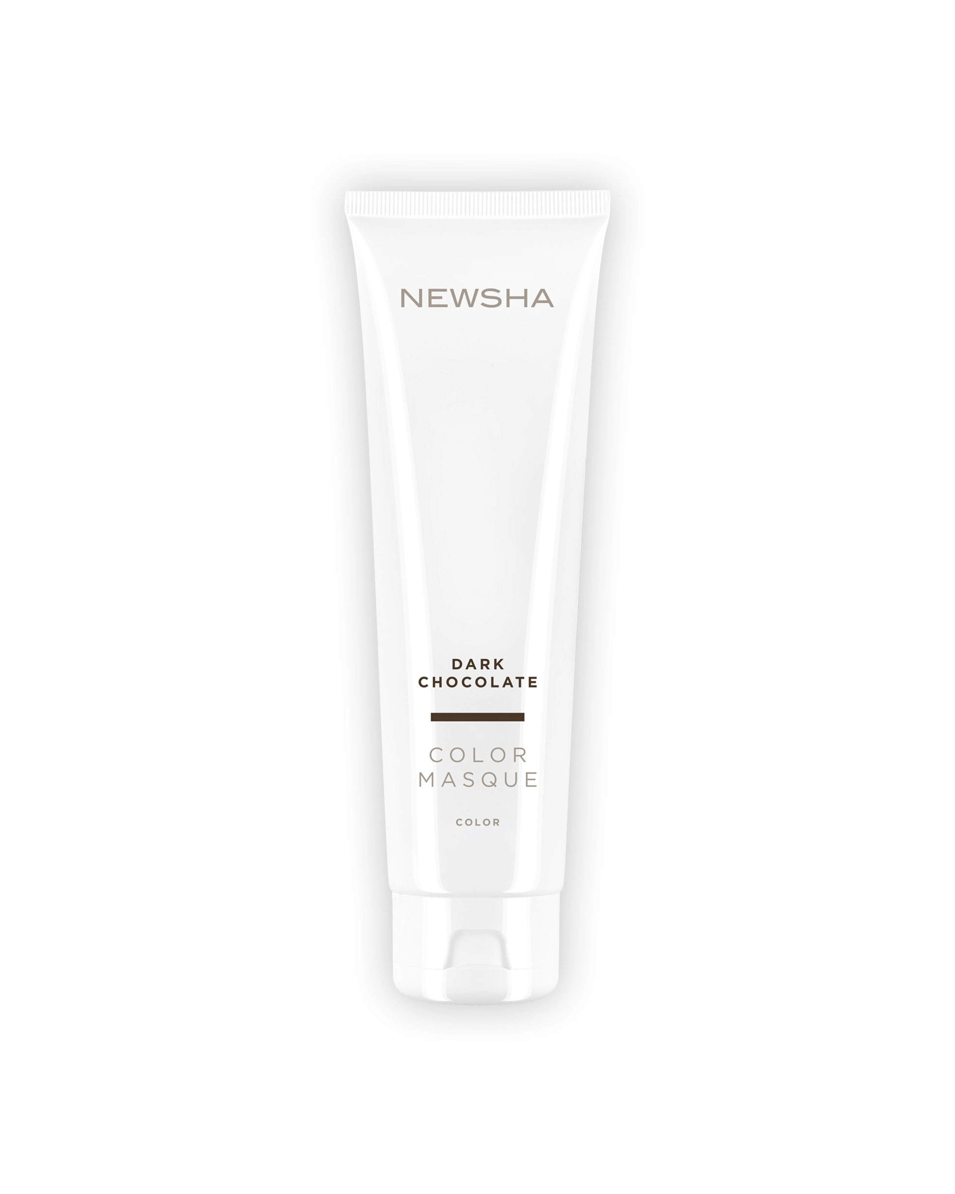 Eine wei&szlig;e Tube der NEWSHA Color Masque Dark Chocolate vor we&szlig;em Hintergrund